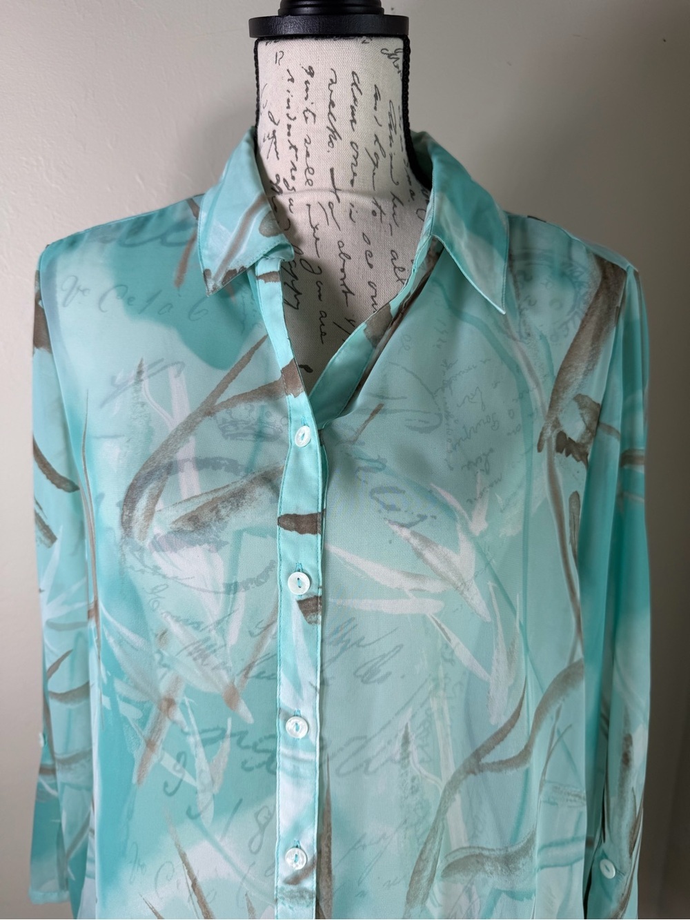Chico's Aqua & Taupe Abstract Silk-Blend Button Front Blouse - Picture 2 of 7